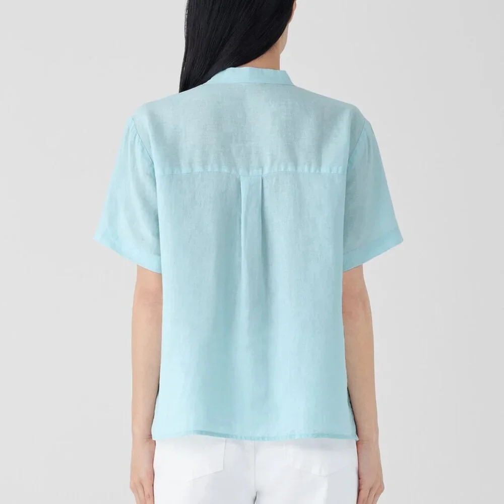 Eileen Fisher Organic Linen Band Collar Short-Sleeve Shirt Pale Aqua Size 1X - Picture 2 of 10